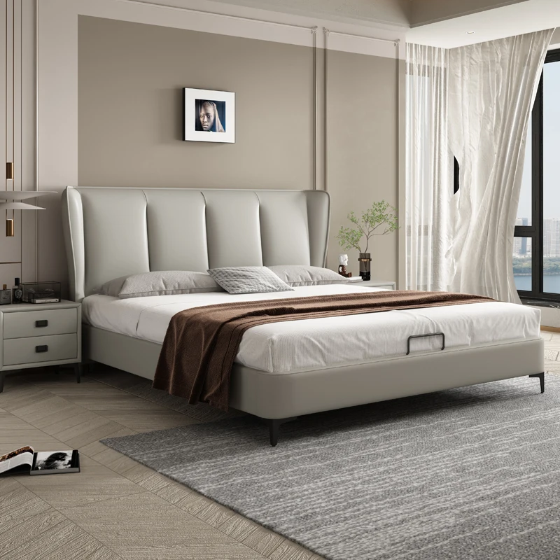 

Роскошная кожаная кровать в итальянском стиле, простая современная маленькая квартира, 1,8 м, двойная кровать, Основная спальня, свадебная кровать, 1,5 м, мягкая кровать для хранения.