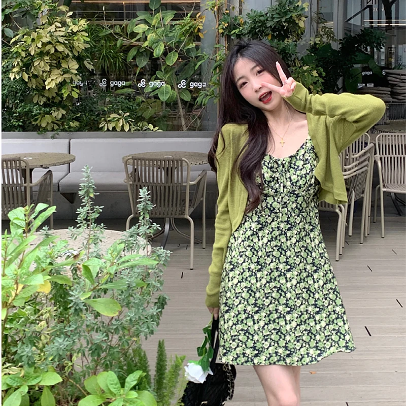 

Floral Women's Dress 2023 Summer Green Backless Sundress Kpop Short Halter Skirt Beach Suspender One Pieces Korea Slip Dress Y2K