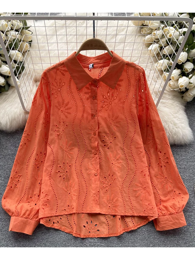 

Женская Весенняя рубашка в западном стиле, Облегающая рубашка с отложным воротником и длинными рукавами, кружевная рубашка с вырезами, новинка весны 2023, универсальная французская рубашка D3230