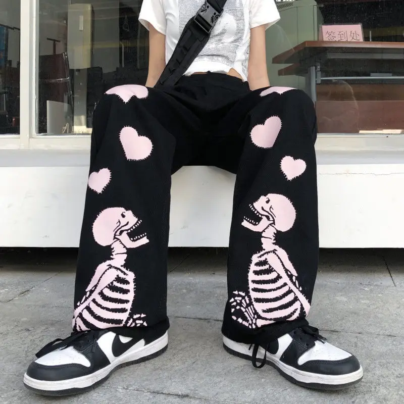 

MINGLIUSILI Baggy Pants Women Skull Heart Print Summer 2022 Fashion Streetwear Casual Egirl High Waist Black Wide Leg Pant