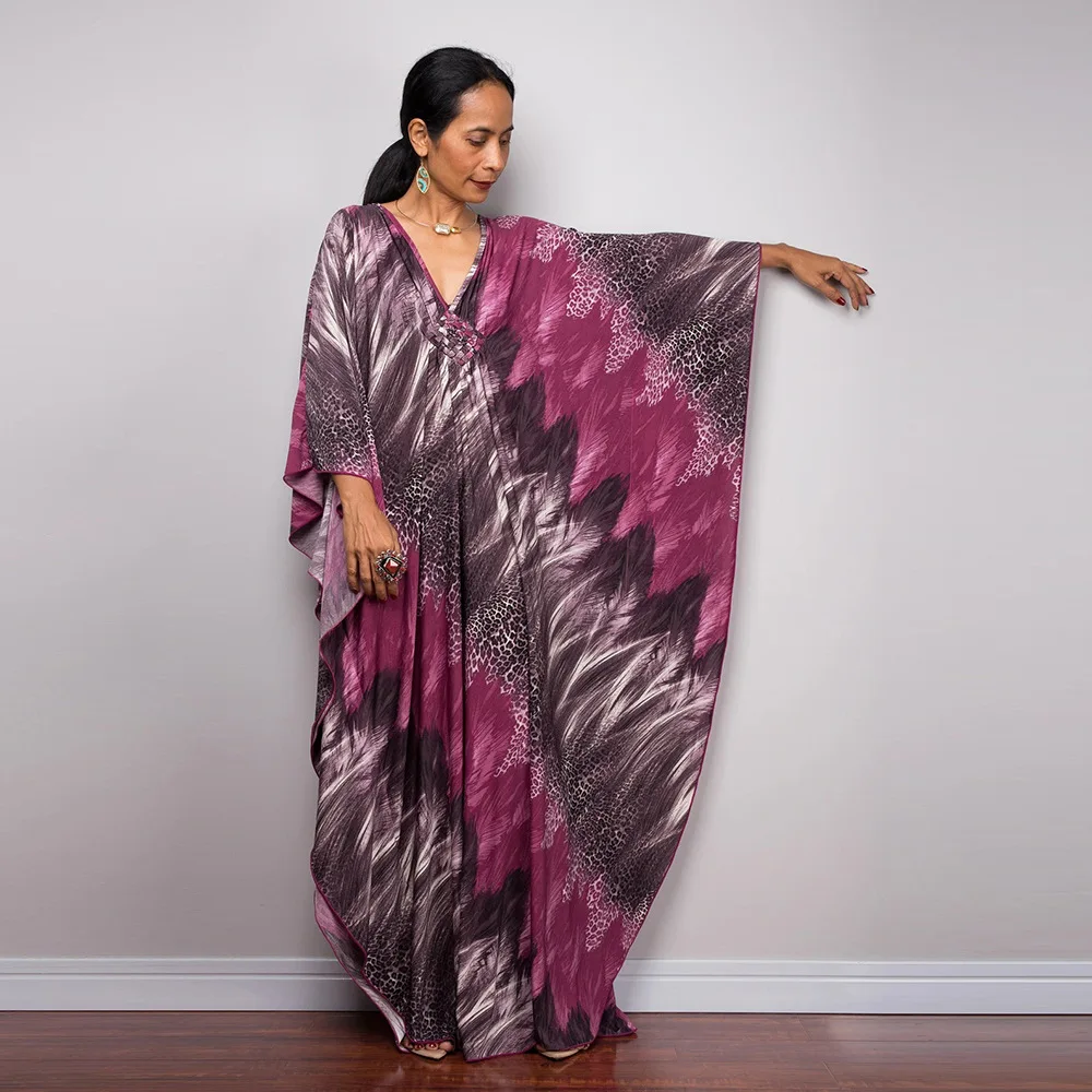 Kaftan Dresses Women Swimsuit Cover Up Leaf Printed Batwing Sleeve Beach Dress Loose Vacation Beach Wear 
Kaftan Dresses Women Swimsuit Cover Up Leaf Printed Batwing Sleeve Beach Dress Loose Vacation Beach Wear