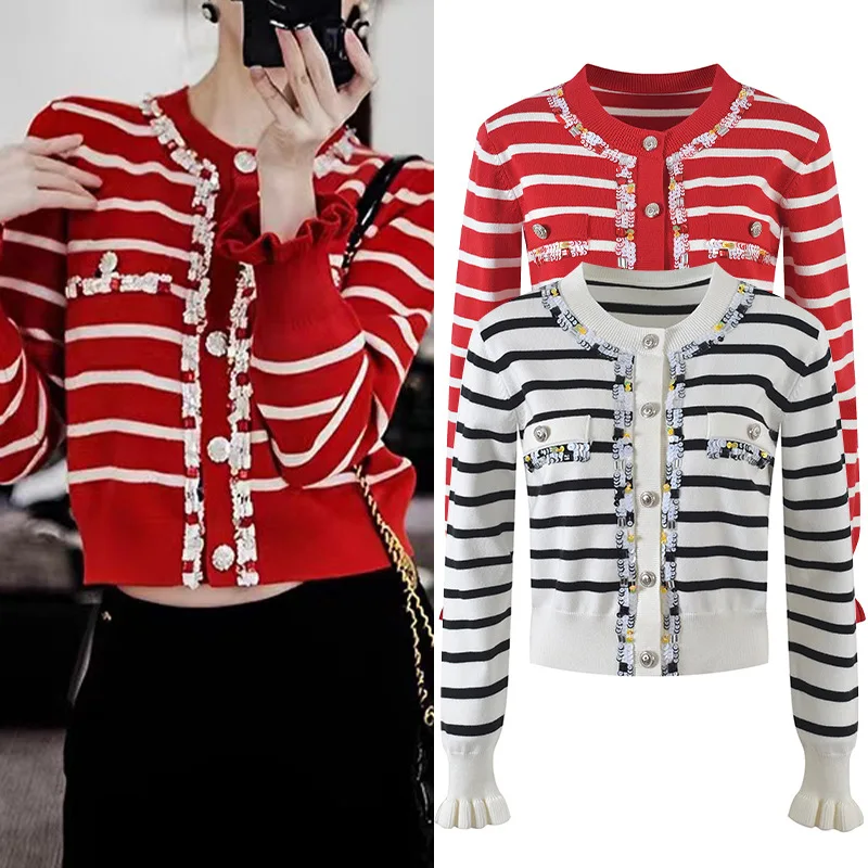 Ruffles Patchwork Fashion Striped Knitting Cardigans Full Sleeves O-Neck Red/White Color Lady Jumpers Tops Coat
Ruffles Patchwork Fashion Striped Knitting Cardigans Full Sleeves O-Neck Red/White Color Lady Jumpers Tops Coat