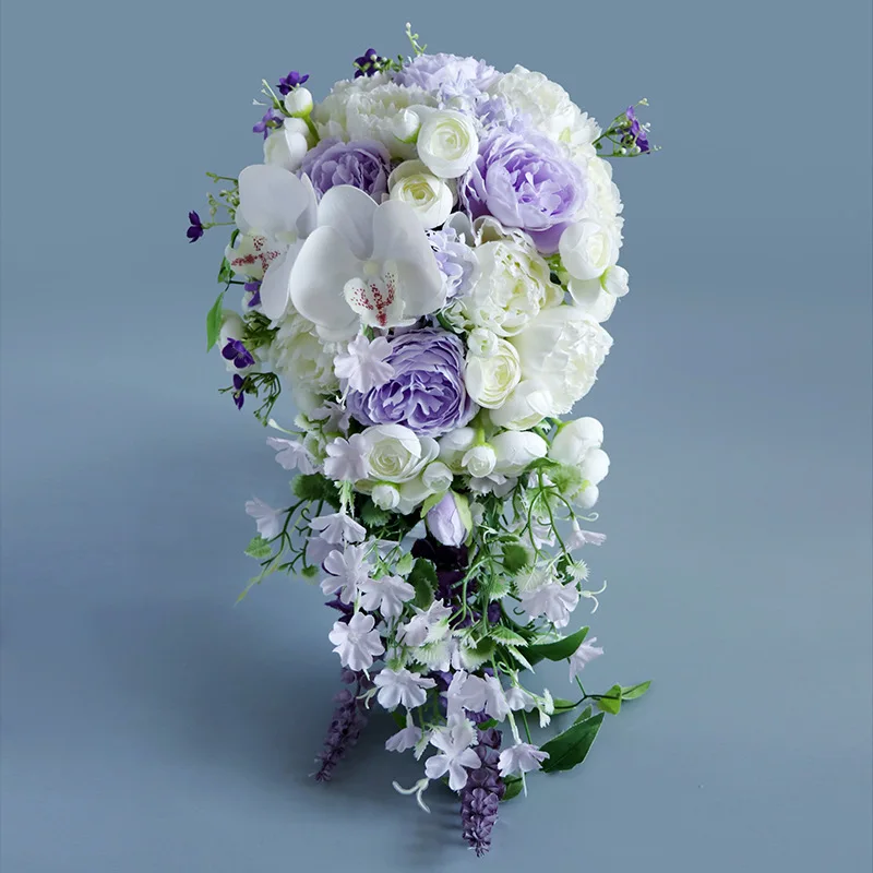 

Waterfall Wedding Bride Bouquet Bridesmaid Hand Tied Artificial Flowers Decoration Home Holiday Party Supplier Purple Rose