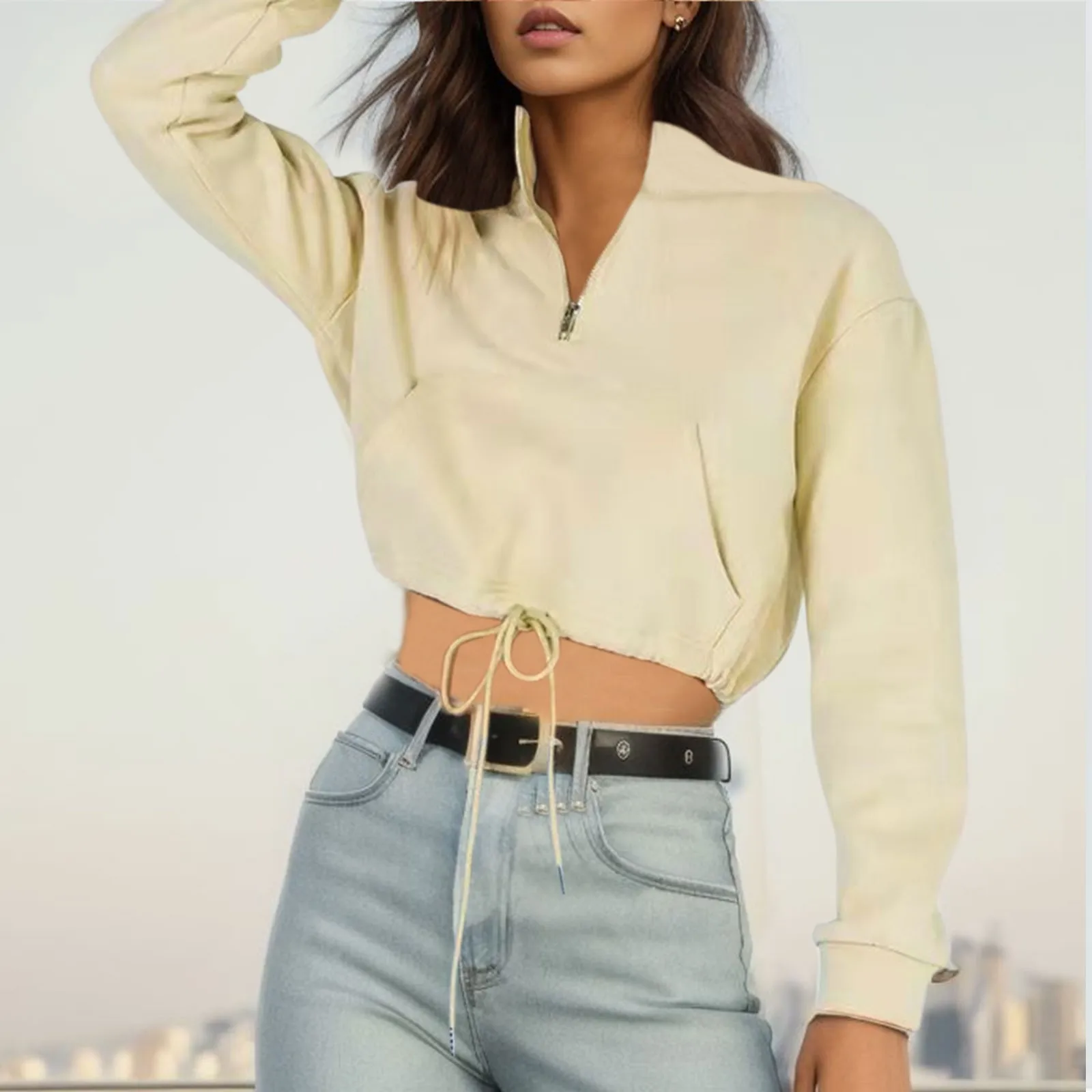 Autumn Women's Casual Solid Colours Blouse Fashion Waist Drawstring Elasticated Tops Loose Long Sleeve Short Pullover Sweatshirt
Autumn Women's Casual Solid Colours Blouse Fashion Waist Drawstring Elasticated Tops Loose Long Sleeve Short Pullover Sweatshirt