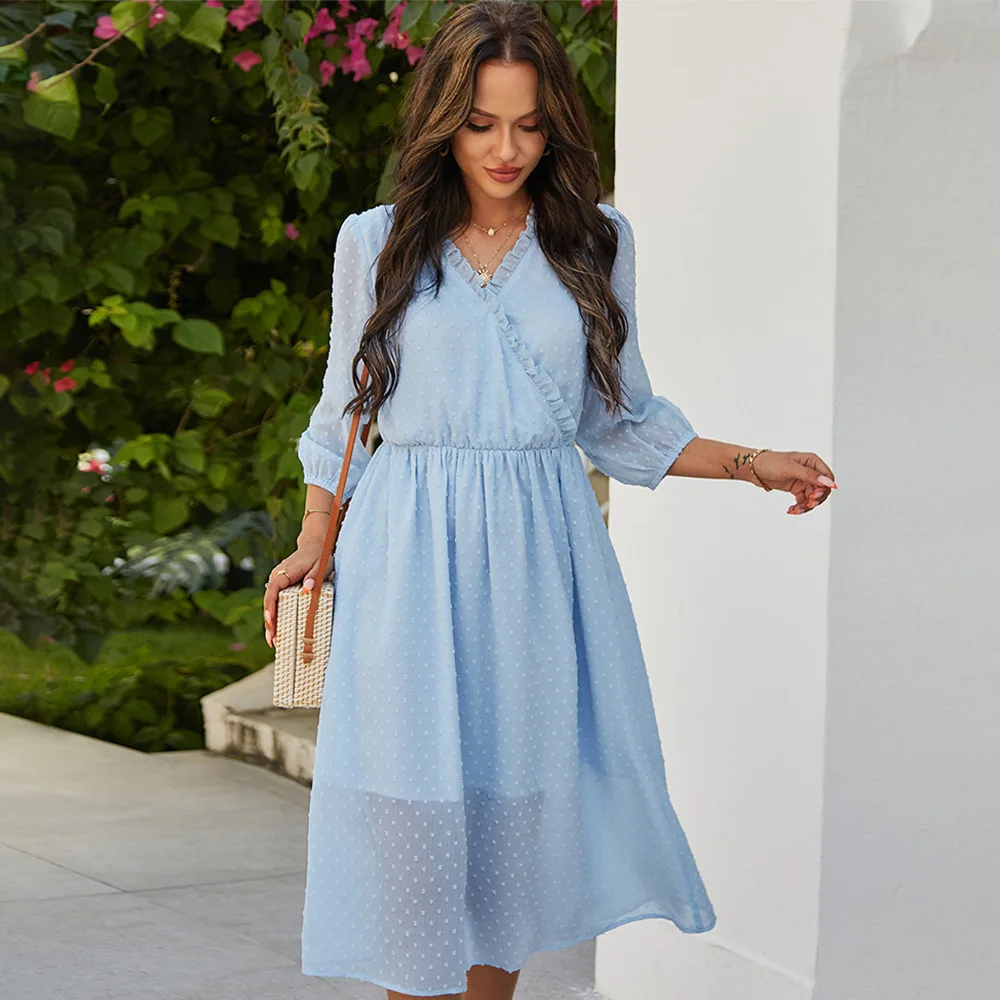 Spring and summer cross-border women's popular V-neck slim waist dress gray22 
Spring and summer cross-border women's popular V-neck slim waist dress gray22