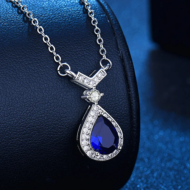 

Classic Crystal Ocean Blue Water Drop Pendant Female Choker Necklace Jewelry Women Fashion Silver 925 Clavicle Chain Necklaces