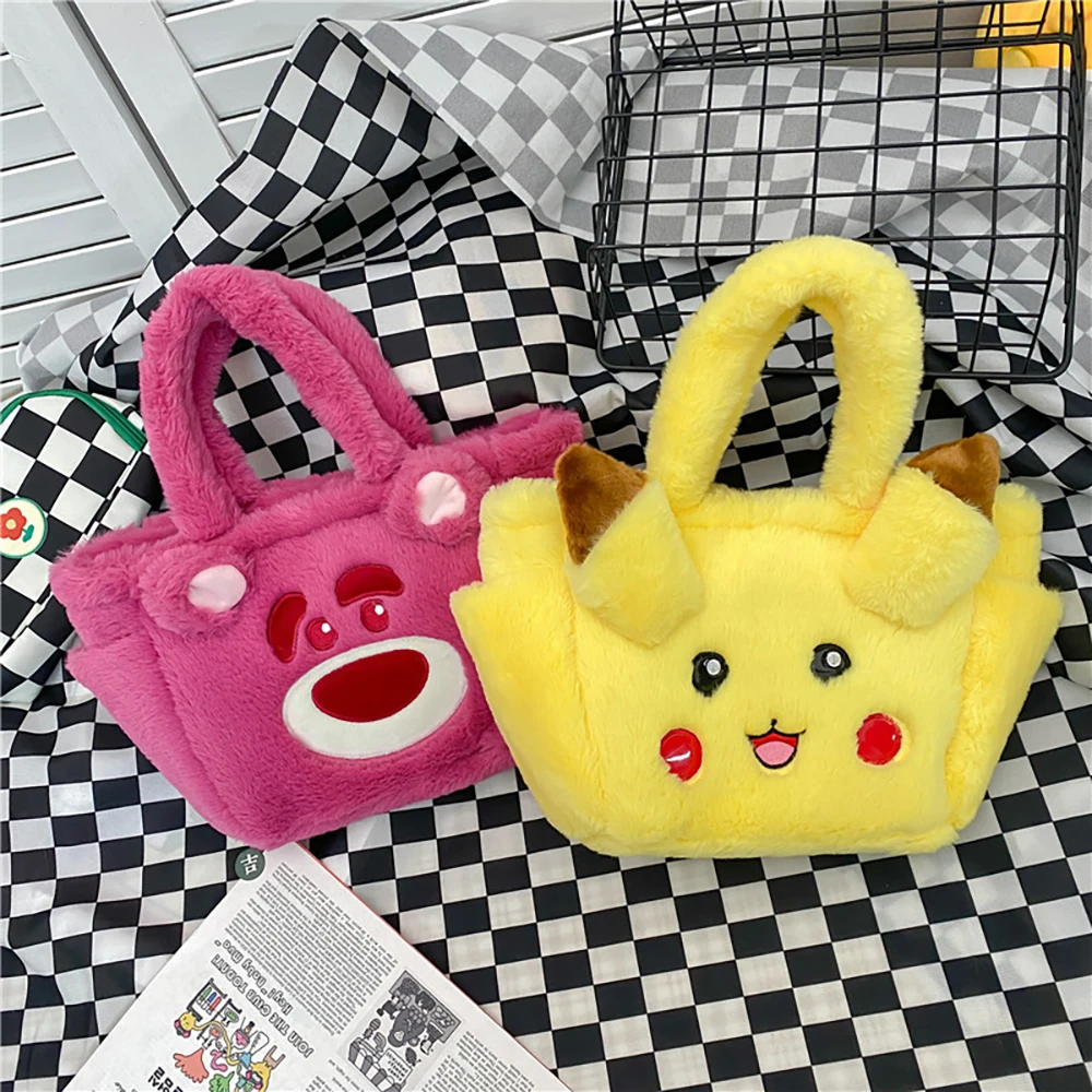 

Kawaii Pikachu Plush Doll Handbag Anime Cute Strawberry Bear Soft Plushie Hand Carry Lunch Storage Bag Cosmetic Bag Girl Gift