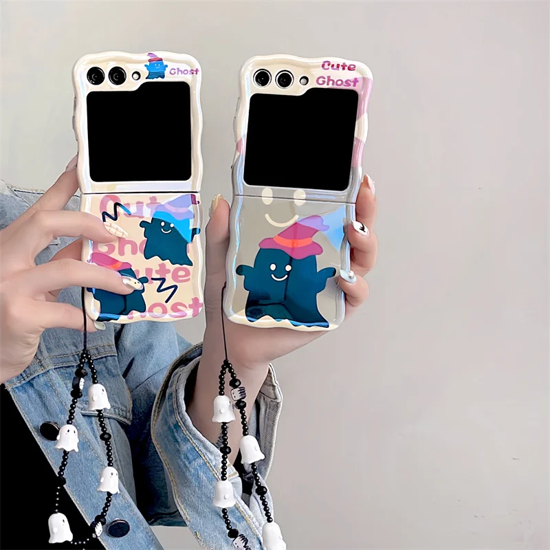 

Funny Cute Ghost Phone Case For Samsung Galaxy Z Flip 5 4 3 Z Flip4 Flip5 Z Flip3 5G Cover with Chain Fashion Blu-ray Soft Cases