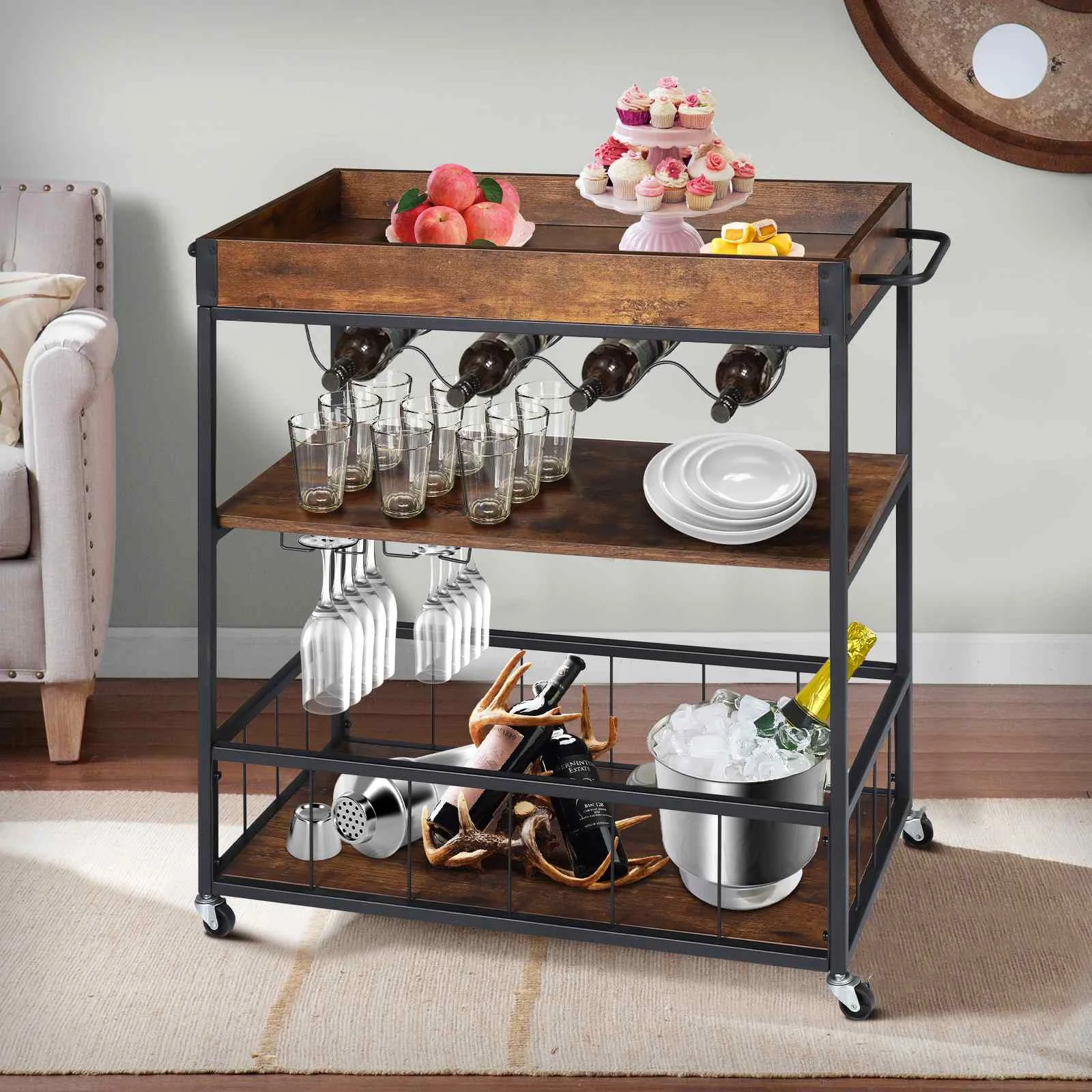 3-Shelf Retro Utility Wooden&Metal Cart with Wheels-225 Lbs Maximum Capacity with Wine Rack
3-Shelf Retro Utility Wooden&Metal Cart with Wheels-225 Lbs Maximum Capacity with Wine Rack