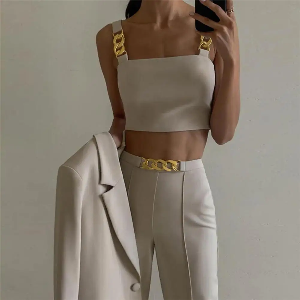 

Cami Top Pants Metal Chain Off Shoulder Summer Slim-fitting Straight Outfit for Office Women's Cropped Top Pencil Pants Suit