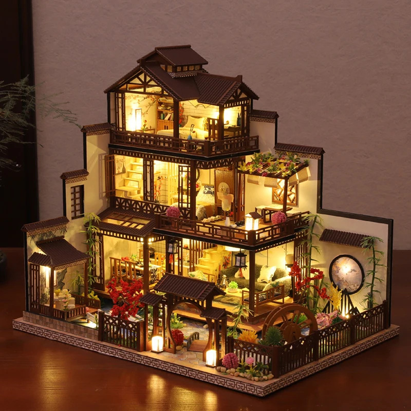

DIY Wooden Doll Houses Japanese Architecture Big Villa Casa Miniature Building Kits With Furniture Dollhouse for Adults Gifts