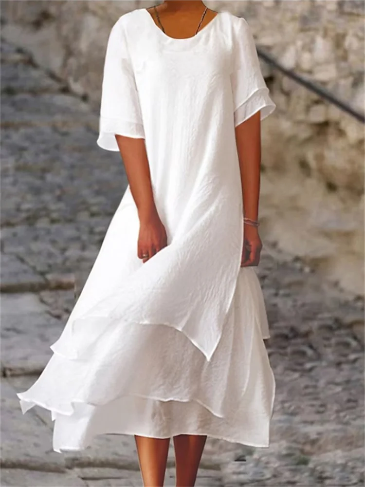 

2023 Casual Maxi Long White Dress Women Fashion Two Layers Slit Short Sleeve O Neck Summer Dresses Tunicas