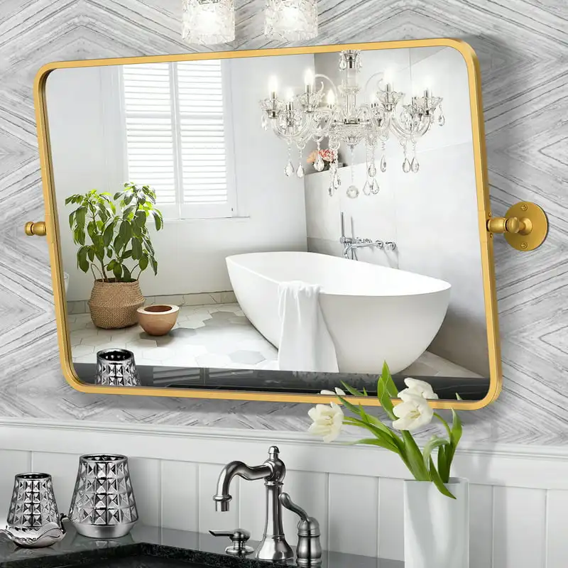 

Поворотное зеркало, прямоугольные зеркала для ванной комнаты, 22*30 дюймов, поворотное зеркало с закругленной прямоугольной рамой, горизонтальное или вертикальное