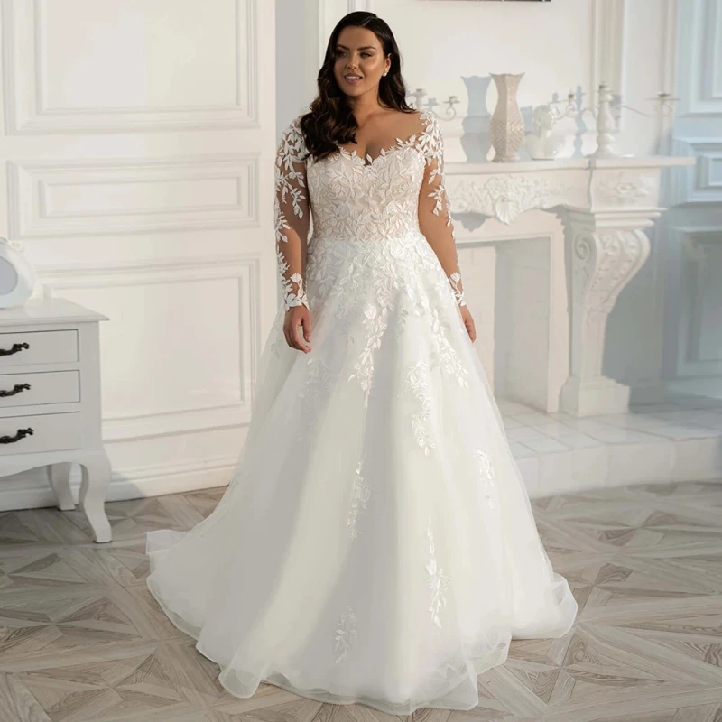 Lace Wedding Dresses Plus Size Elegant Appliques Vestido De Noiva Long Sleeves Scoop A Line Vestidos De Novia 
Lace Wedding Dresses Plus Size Elegant Appliques Vestido De Noiva Long Sleeves Scoop A Line Vestidos De Novia