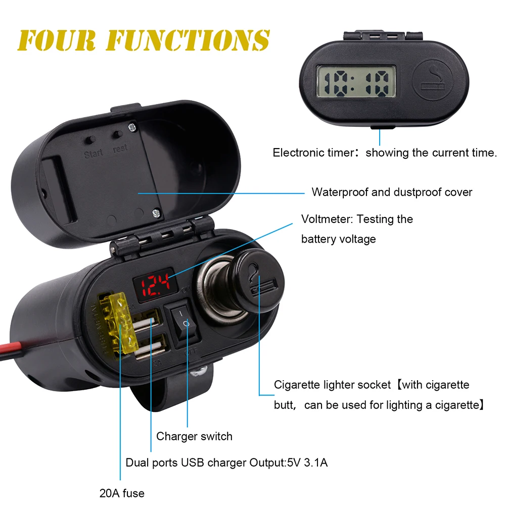 Motorcycle 12V Dual USB Quick Charger Handlebar Rearview Mirror mount Cigarette- Lighter Voltmeter Digital Clock Accessories
Motorcycle 12V Dual USB Quick Charger Handlebar Rearview Mirror mount Cigarette- Lighter Voltmeter Digital Clock Accessories