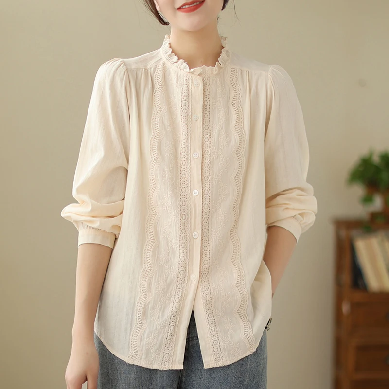Elegant Women Cotton Shirt 2023 New Woman Fashion Ruffled Collar Loose Blouses Shirts Casual Long Sleeve Lace Solid Blusas Tops
Elegant Women Cotton Shirt 2023 New Woman Fashion Ruffled Collar Loose Blouses Shirts Casual Long Sleeve Lace Solid Blusas Tops