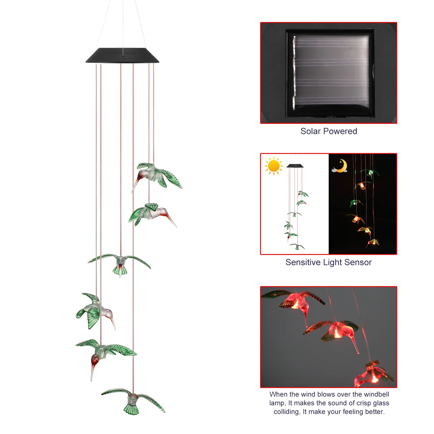 

Outdoor Solar Light 6 LED Hummingbird Wind Chime Butterfly Color Changing LED Hanging Garden Lamp Patio Porch Deck Balcony Decor