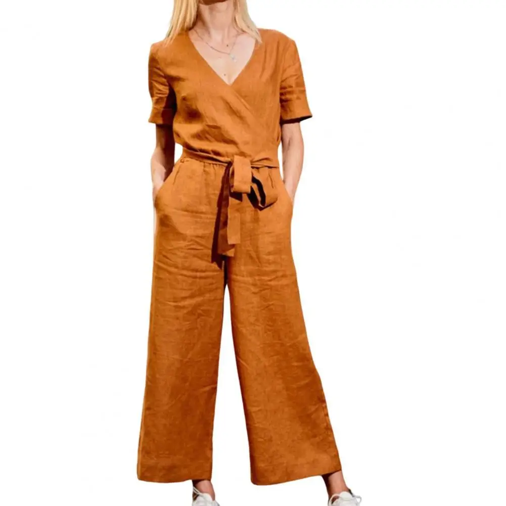 

Casual Jumpsuit Women 2022 Summer Romper Wide Legs Conjoined V-Neck Vintage Thin Short Sleeved Solid Simple Rompers for Female