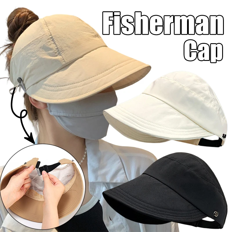 

Adjustable Wide Brim Sunhat Women Summer Outdoor Beach Sun Visors Ponytail Fisherman Caps Drawstring Hollowed Out Bucket Hats