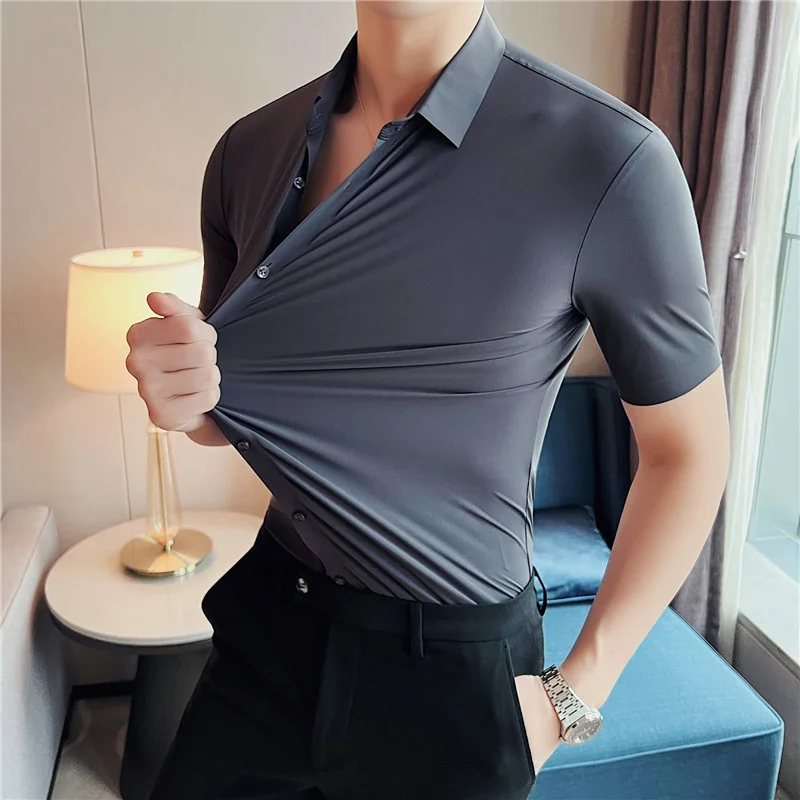 High Quality Summer Elastic Ice Silk Short Sleeve Shirts Men Clothing Simple Luxury Slim Fit Business Casual Formal Wear Blouses
High Quality Summer Elastic Ice Silk Short Sleeve Shirts Men Clothing Simple Luxury Slim Fit Business Casual Formal Wear Blouses