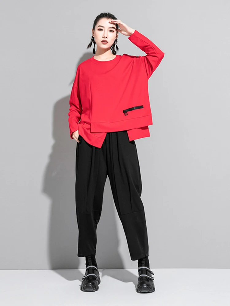 [EAM] Женская Красная Асимметричная футболка большого размера новая модная с