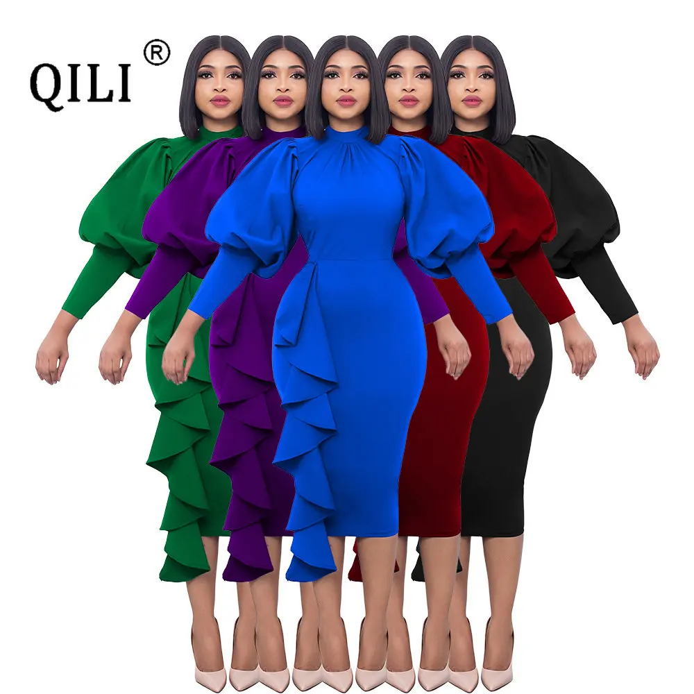 

QILI Spring New Elegant Women's Ruffle Dress Temperament Lantern Sleeve Bodycon Vestidos De Tricô Femenino