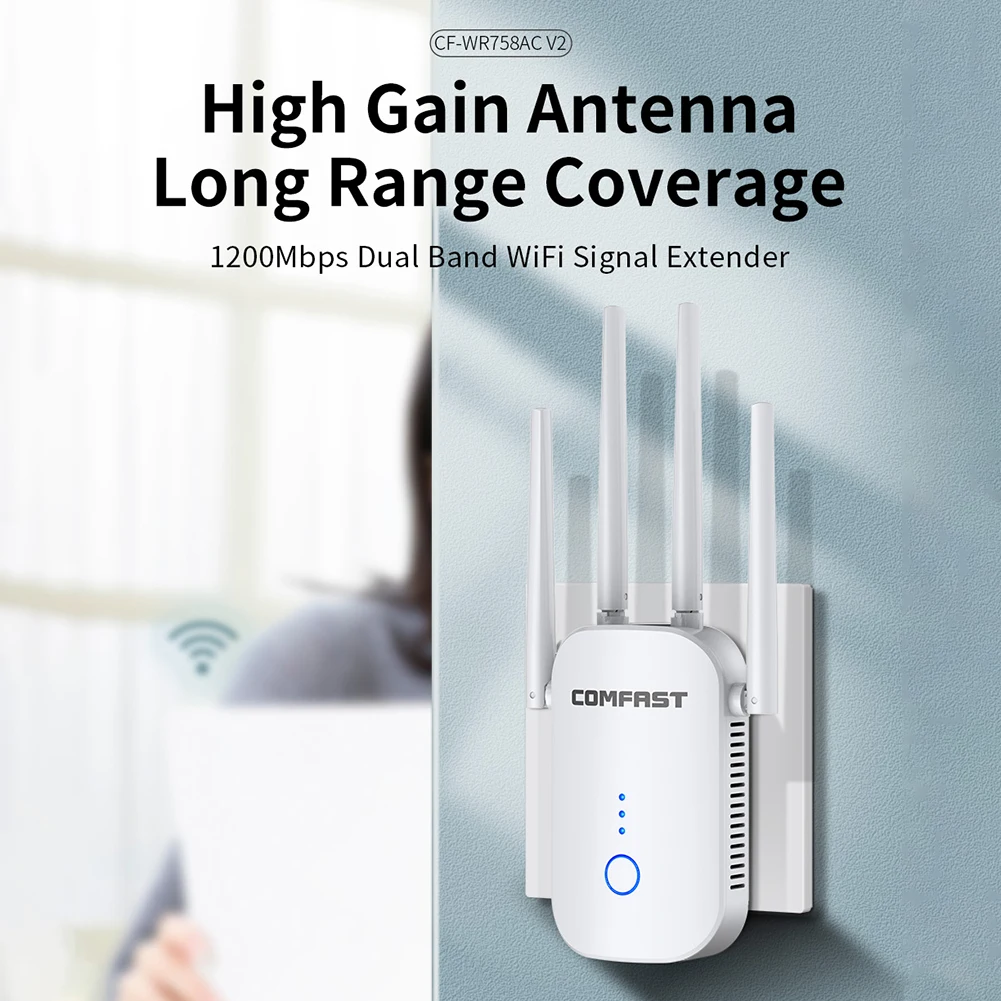 COMFAST CF-WR758AC 1200 Мбит/с двухдиапазонный Ретранслятор с 4 антеннами с высоким коэффициентом усиления, сетевой расширитель Wi-Fi, покрытие большого радиуса действия для дома
COMFAST CF-WR758AC 1200 Мбит/с двухдиапазонный Ретранслятор с 4 антеннами с высоким коэффициентом усиления, сетевой расширитель Wi-Fi, покрытие большого радиуса действия для дома