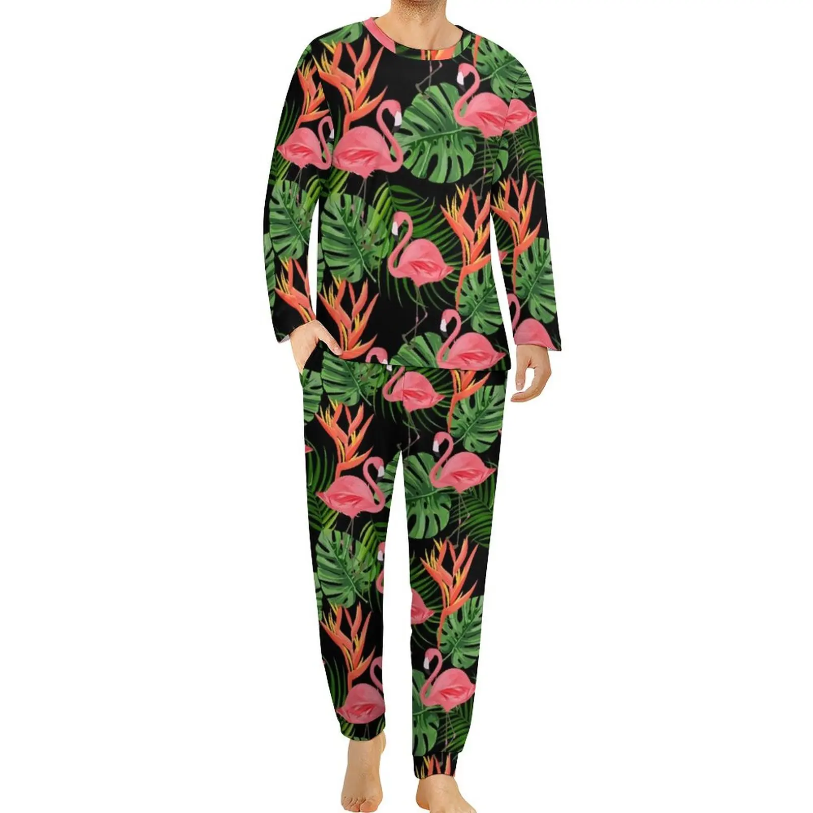 

Flamingo Print Pajamas Long Sleeves Tropical Plants Two Piece Aesthetic Pajama Sets Autumn Graphic Kawaii Oversized Nightwear
