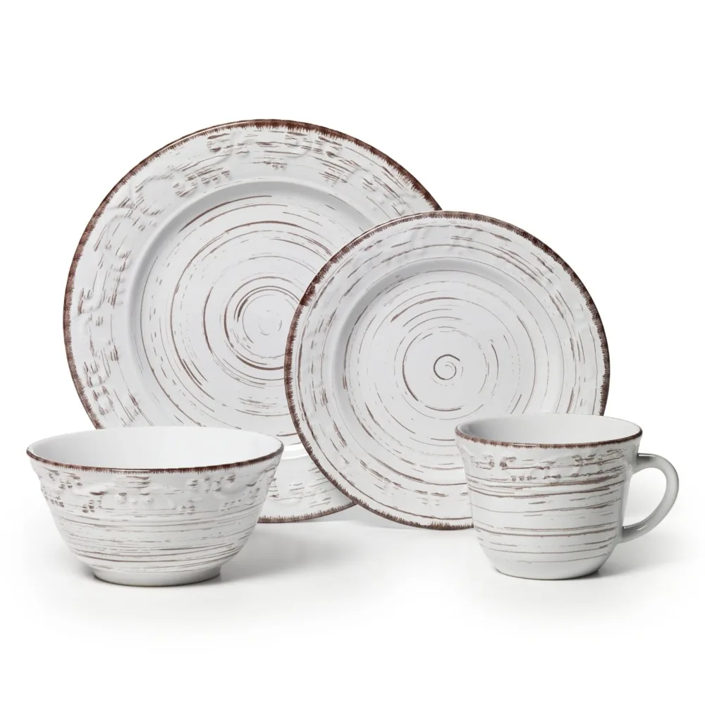 

BOUSSAC Trellis White Stoneware 16-Piece Dinnerware Set Serving Ware Kitchen Dish Dinner Plates