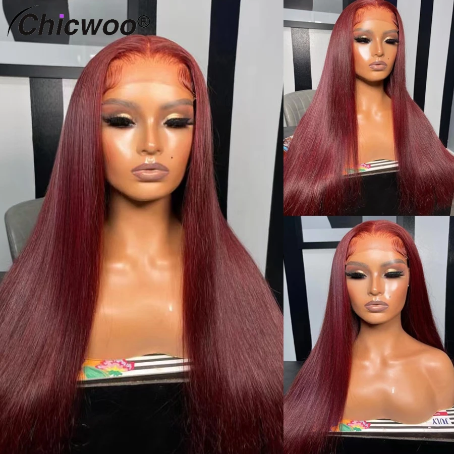 

Remy Indian Human Hair Transparent Lace Frontal Wigs Burgundy 99J Color 13x6 Lace Front Silky Straight Wig Preplucked Hairline