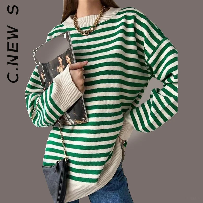 C.New S Autumn Shoulder Kintting TopsO Neck Vintage Striped Sweater Pullovers For Women Casual Loose Long Sleeves Jumpers
C.New S Autumn Shoulder Kintting TopsO Neck Vintage Striped Sweater Pullovers For Women Casual Loose Long Sleeves Jumpers