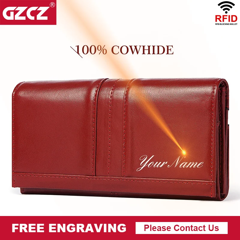 

Free Engraving Wallets Genuine Leather Women Long Purse RFID Female Phone Clutches Capacity Handy Passport Wallet Card Holder