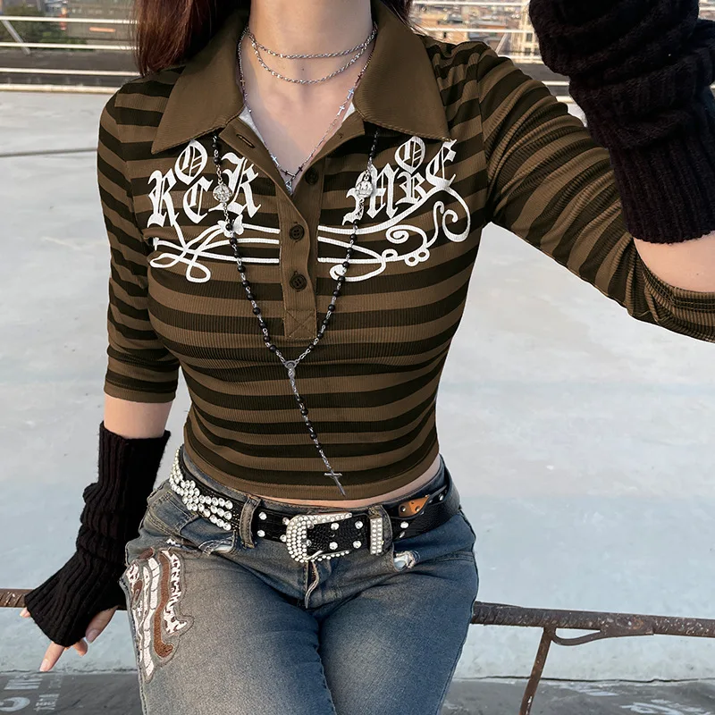 Brown Striped Slim Long Sleeve Women Tshirt Casual Button Turn Down Collar Female Tops Spring Fashion Streetwear Clothes 2022
Brown Striped Slim Long Sleeve Women Tshirt Casual Button Turn Down Collar Female Tops Spring Fashion Streetwear Clothes 2022