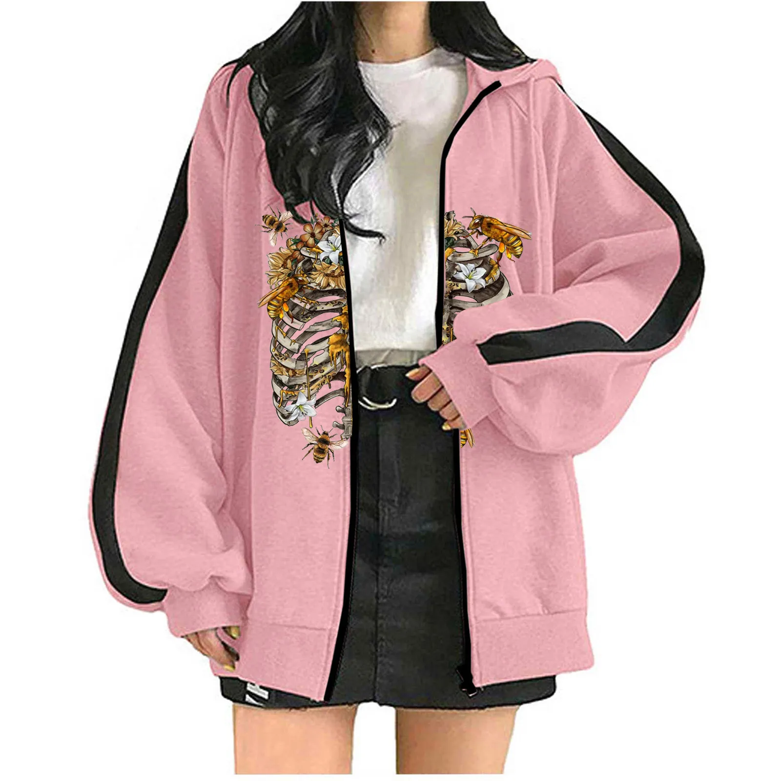 Женская Повседневная куртка на молнии с капюшоном и принтом скелета 
Женская Повседневная куртка на молнии с капюшоном и принтом скелета