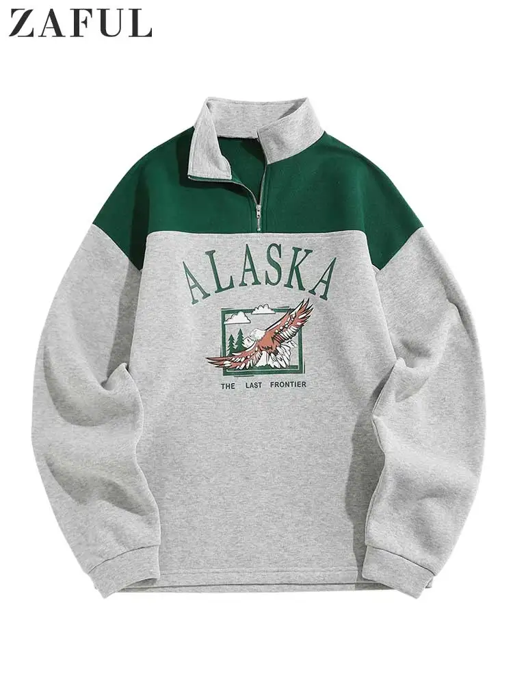 

ZAFUL Hoodie for Women Fleece-lined ALASKA Graphic Eagle Printed Sweatshirt Colorblock Vintage Streetwear Pullover Unisex Sweats