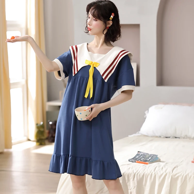 Summer Cotton Women Nightdress Short Sleeve Home Clothes Sailor Collar Nightwear Large Size sleepwear Solid Color Bow Nightgown
Summer Cotton Women Nightdress Short Sleeve Home Clothes Sailor Collar Nightwear Large Size sleepwear Solid Color Bow Nightgown