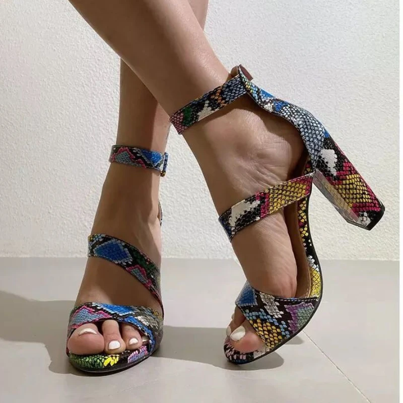 

Fashion Colour Serpentine Women Shoes Peep Toe 11cm High Heels Sandals Summer Party Shoes PU Ankle Buckle Sandals Pumps