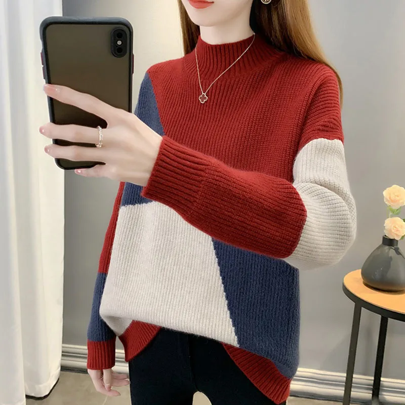 Autumn Winter Vintage Color Block Half Turtleneck Knitwear Women Short Sweater Top Casual Contrast Color Long Sleeve Knit Jumper
Autumn Winter Vintage Color Block Half Turtleneck Knitwear Women Short Sweater Top Casual Contrast Color Long Sleeve Knit Jumper