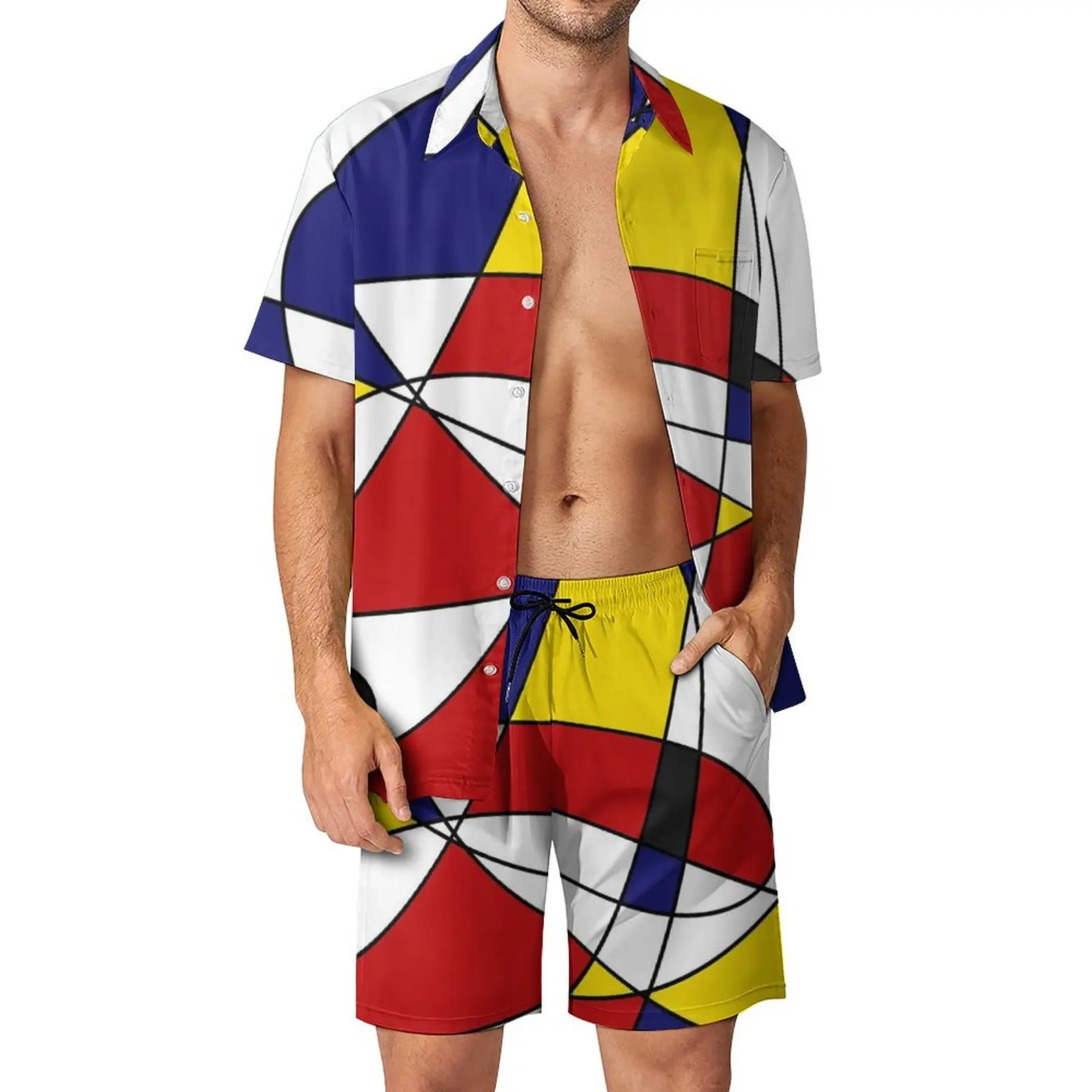 

Мужские Комплекты De Stijl, Повседневная рубашка Mondrian и Gauss, пляжная одежда в стиле ретро, летний костюм из 2 предметов
