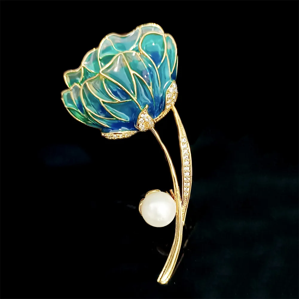 

Elegant Enamel Lotus Flower Brooches Femininity Freshwater Pearl Beautiful Flower Brooch Pins National Wind Accessories Jewelry