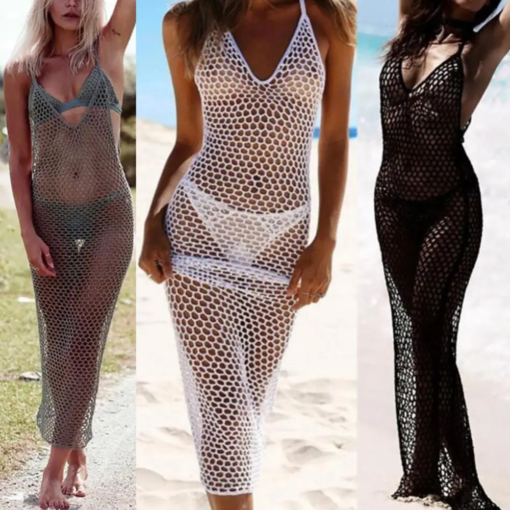 

Women Crochet Fishnet Bikini Cover Up Beach Dress Tunic Long Hollow Out Swimsuit Fishnet Bathing Suit Swimwear Sling Dress