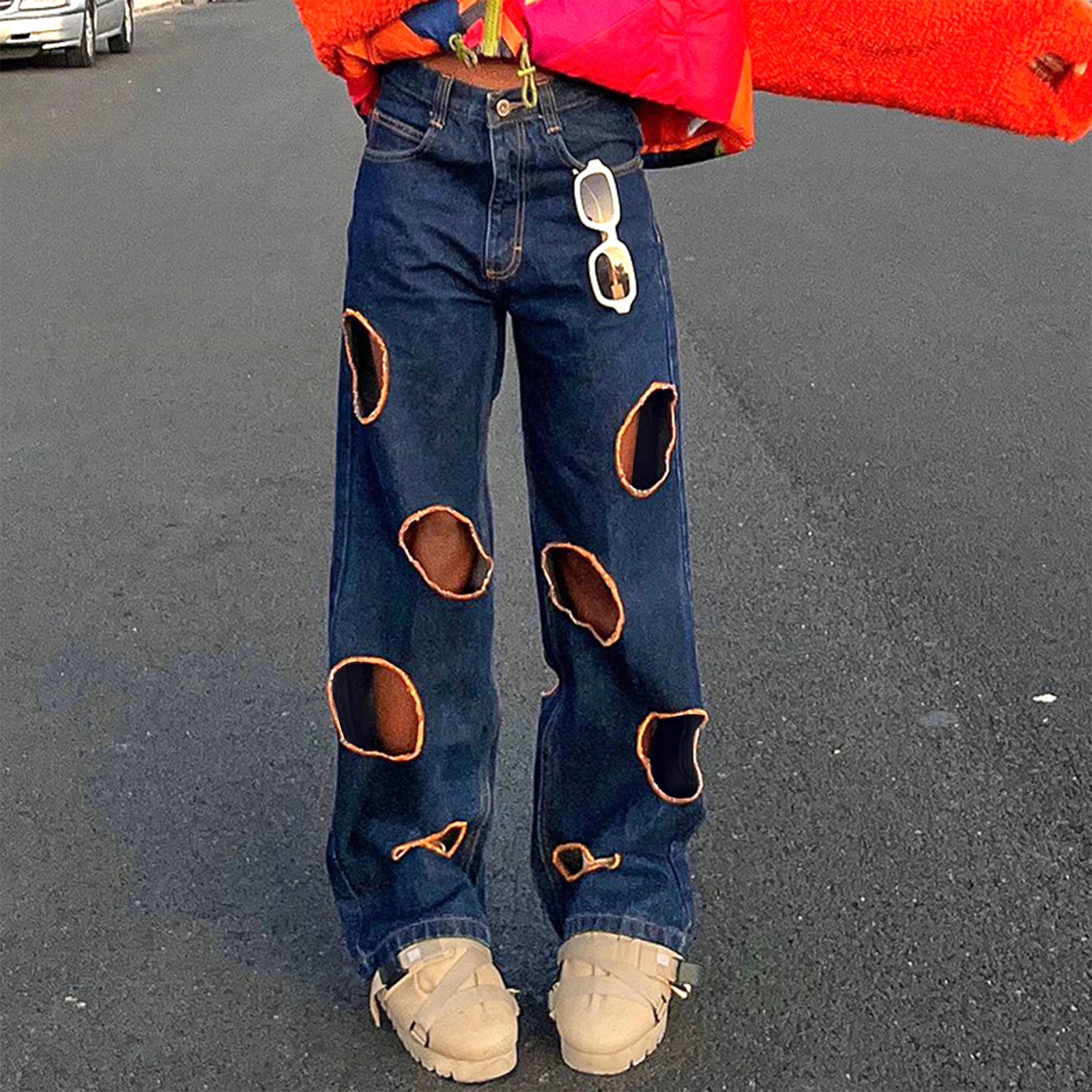 Women Fashion Ripped Jeans Solid Color Wide-Leg Denim Pants Spring Summer Chic Loose Long Pants with Pockets Trousers
Women Fashion Ripped Jeans Solid Color Wide-Leg Denim Pants Spring Summer Chic Loose Long Pants with Pockets Trousers