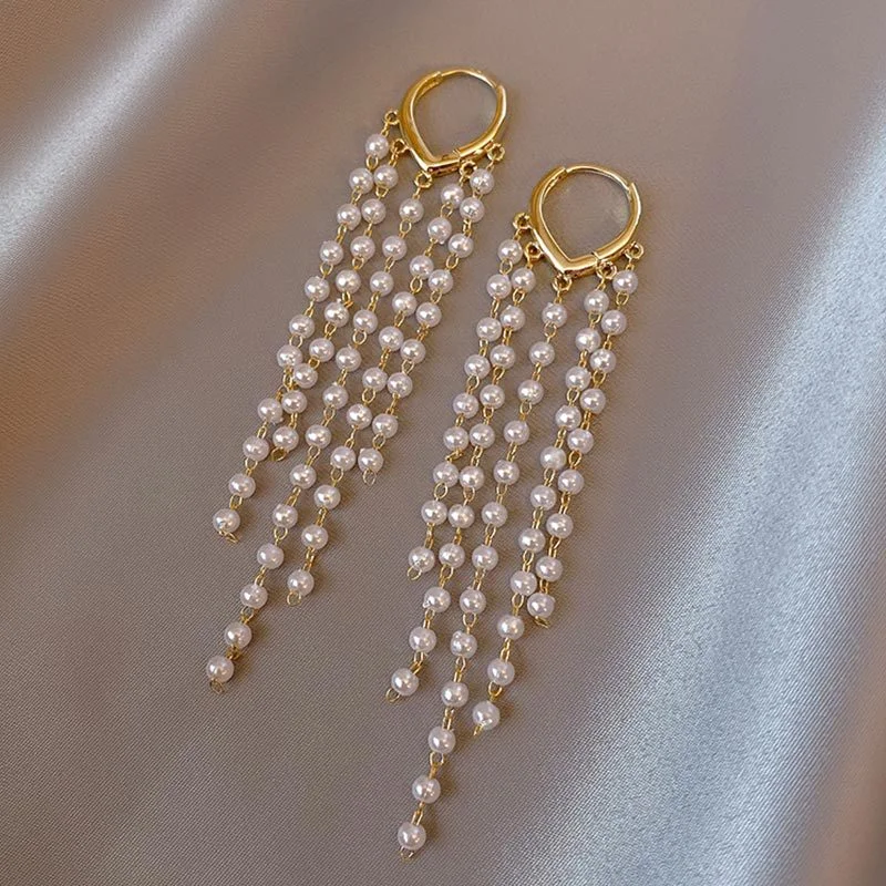 

Minar Exquisite Simulated Pearls Strand Long Tassel Earring for Women Gold Color Alloy Hoop Earrings Wholesale Party Jewelry