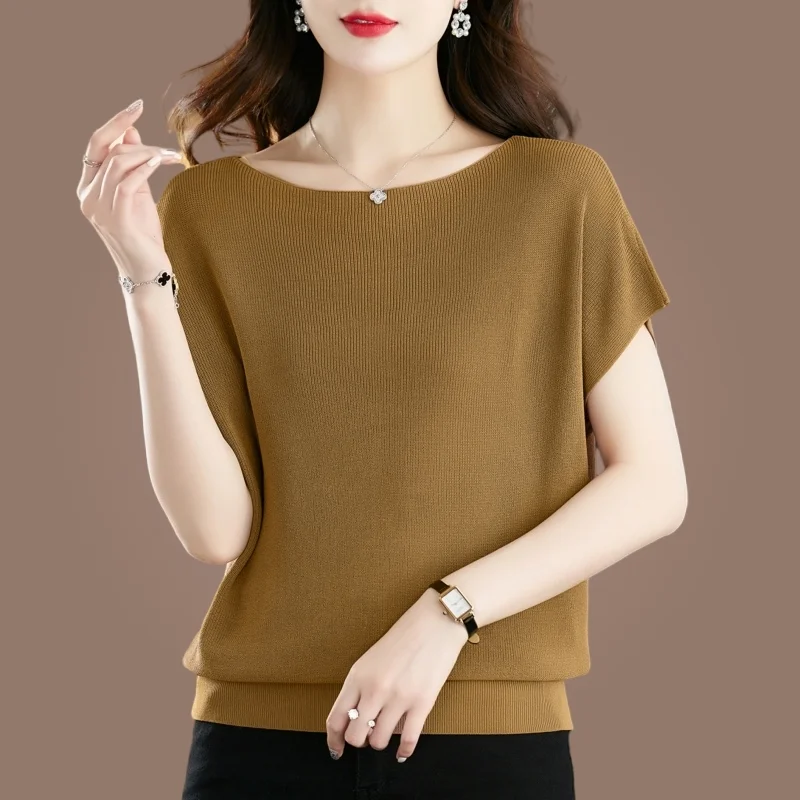 

Casual Ice Silk Ladies Shirt Knited Bat Short Sleeve Blouse Women Fashion O Neck Loose Mulberry Tops Office Blusas Mujer 27437