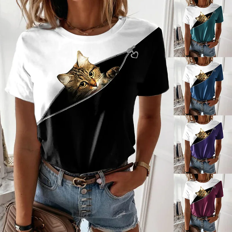 2022 Summer Women's Cute Cat Painting Printed T-shirt Round Neck Basic Tops White New Casual Shirt
2022 Summer Women's Cute Cat Painting Printed T-shirt Round Neck Basic Tops White New Casual Shirt
