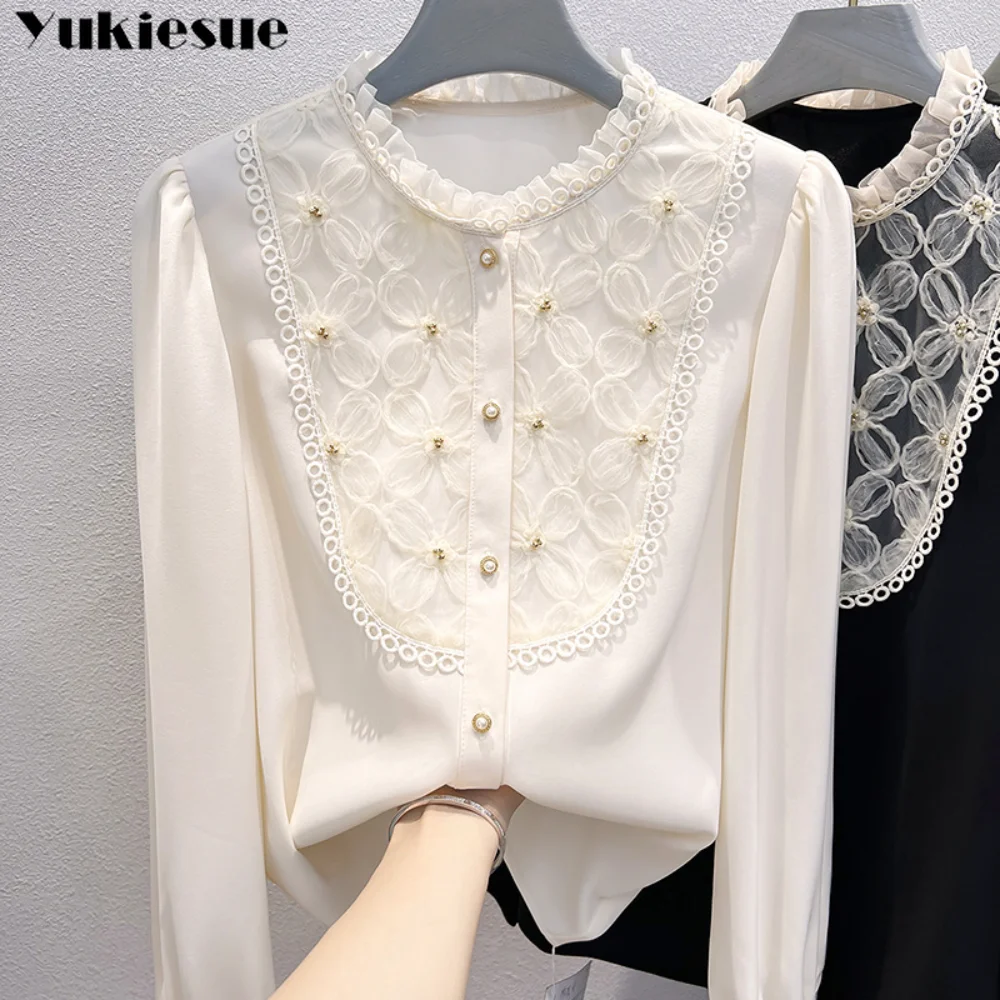 

Spring Autumn Temperament Wear Age Reducing Flower Studded Long Sleeve Blouse Tops Embroidered Stand Collar Chiffon Shirt Womens