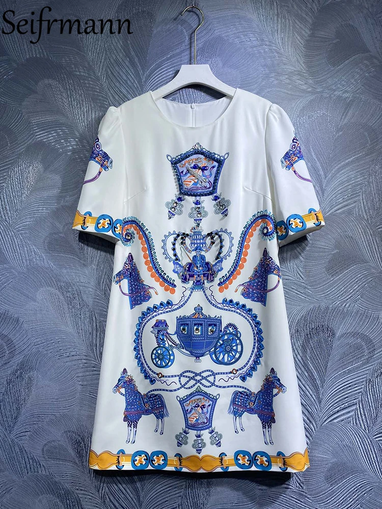 Seifrmann High Quality Summer Women Fashion Designer Mini Dress Short Sleeve Gorgeous Crystal Beading Blue Vintage Style Dresses
Seifrmann High Quality Summer Women Fashion Designer Mini Dress Short Sleeve Gorgeous Crystal Beading Blue Vintage Style Dresses