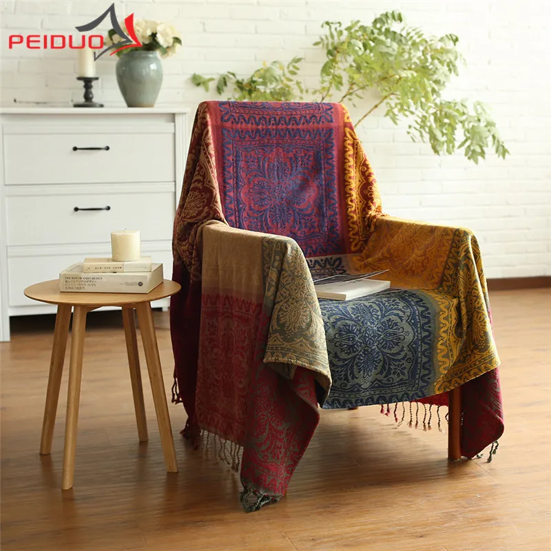 

PEIDUO Bohemian Tribal Throws Blanket Hippie Chenille Jacquard Blanket Fabric Throw Covers For Couch Furniture Sofa Chair