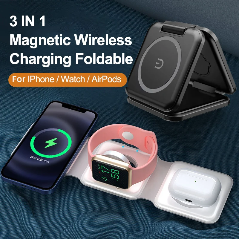 

Беспроводное зарядное устройство 3 в 1, магнитная Складная док-станция для iPhone 14, 13, 12 Pro Max, X, Airpods, Apple Watch, 15 Вт, быстрая зарядка