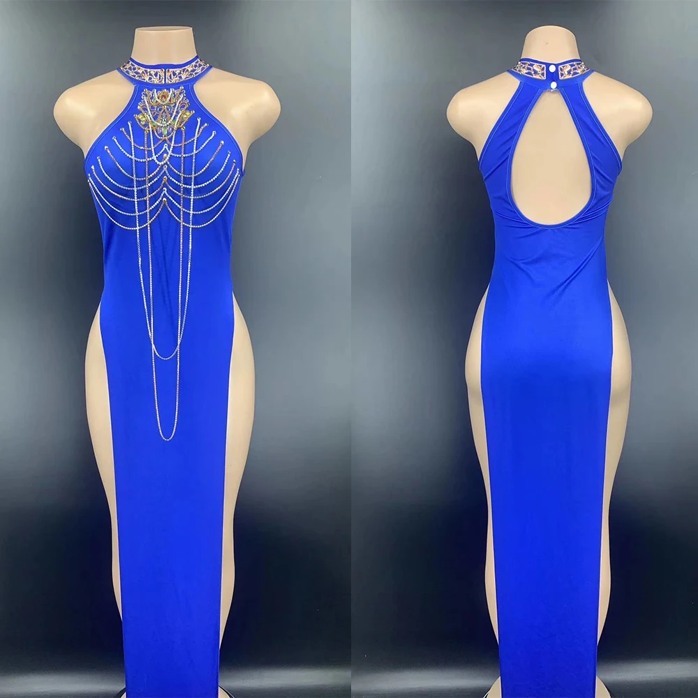 

Женское длинное платье в китайском стиле, голубое платье с бретелькой через шею и цепочкой, праздничная вечерняя одежда, костюм для сцены